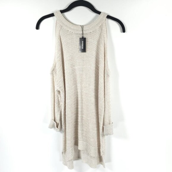 NWT EXPRESS Open Knit Bare Shoulder Pullover Sweater High Low Rolled Cuffs SMALL - Picture 1 of 12